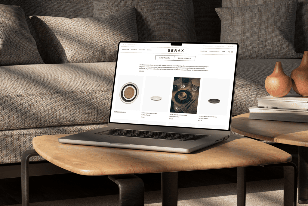 Mock-up in a computer of the website of Serax with neutral tones.